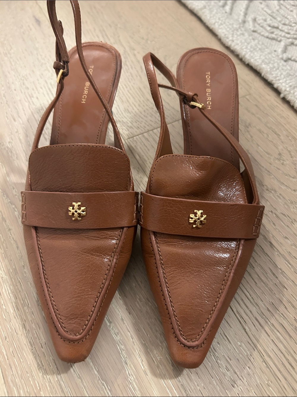 Tory Burch Tan Leather Pointed Slingback Mules with Gold Logo